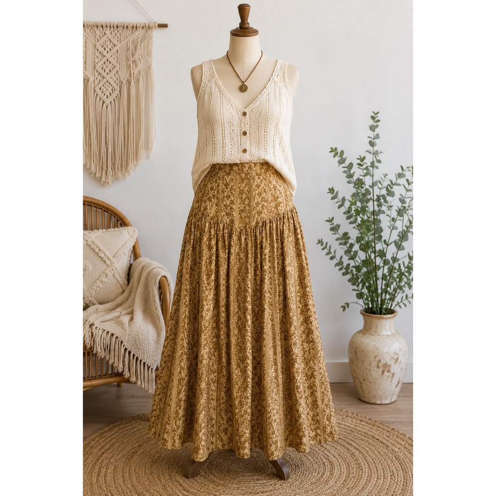 Parterre Anthropologie Linen Blend Maxi Skirt Floral Stripe Tan Cream Size 00